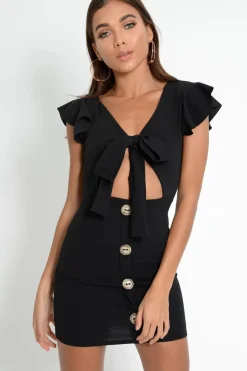 Rebellious Fashion Black Tie Button Front Bodycon Dress - Aaira
