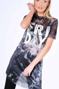 Rebellious Fashion Black Tie Dye Sheer Mesh 'Friday' Slogan T-Shirt Dress - Flynn