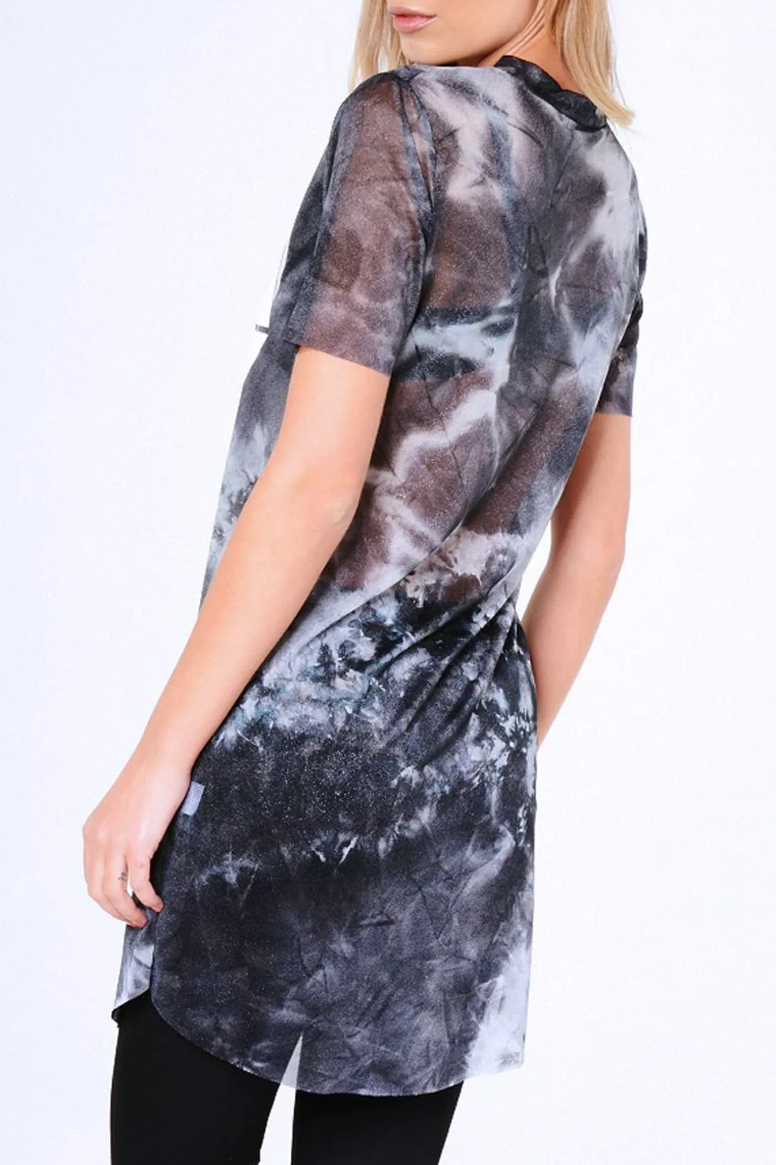 Rebellious Fashion Black Tie Dye Sheer Mesh 'Friday' Slogan T-Shirt Dress - Flynn