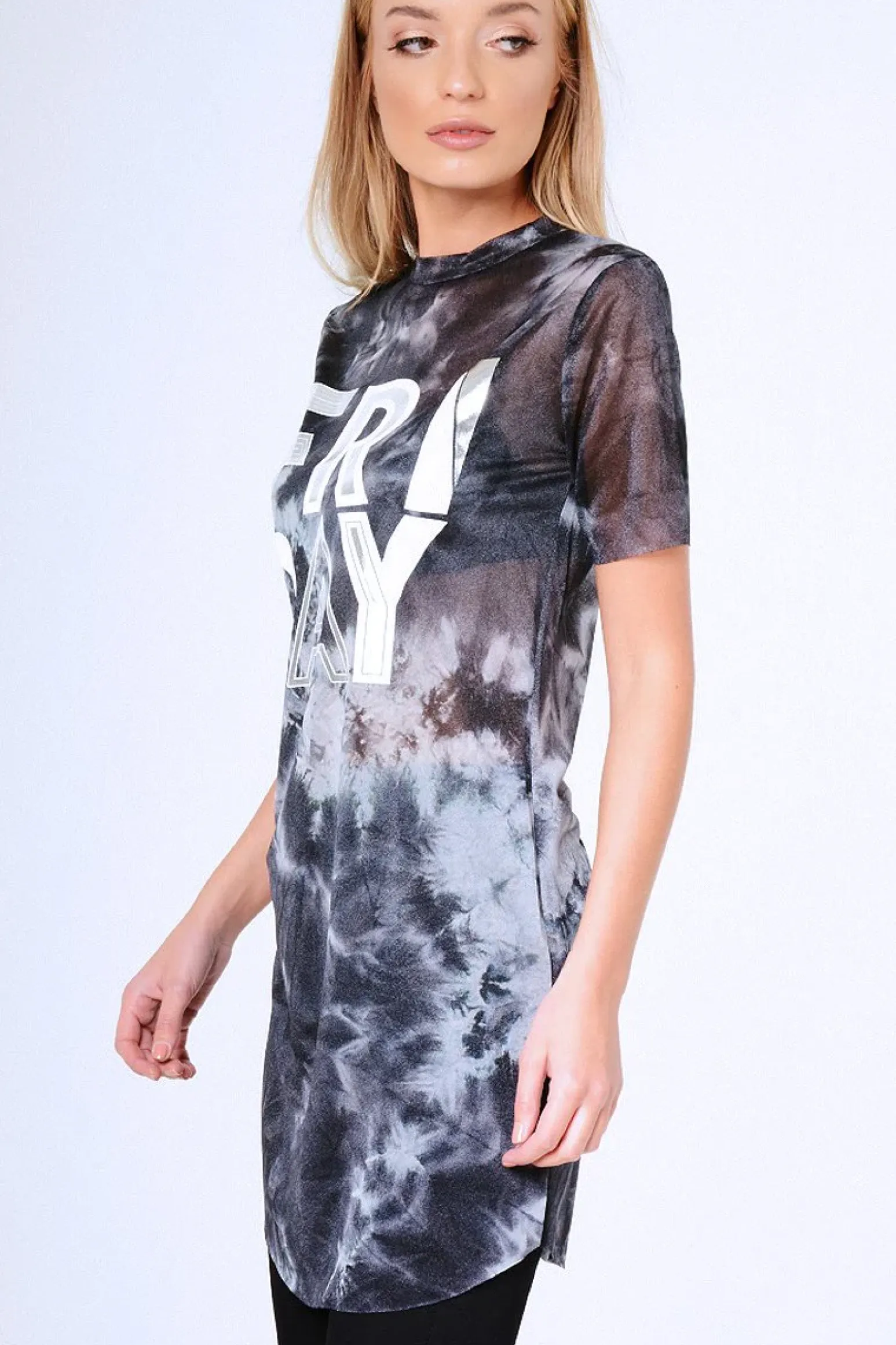 Rebellious Fashion Black Tie Dye Sheer Mesh 'Friday' Slogan T-Shirt Dress - Flynn