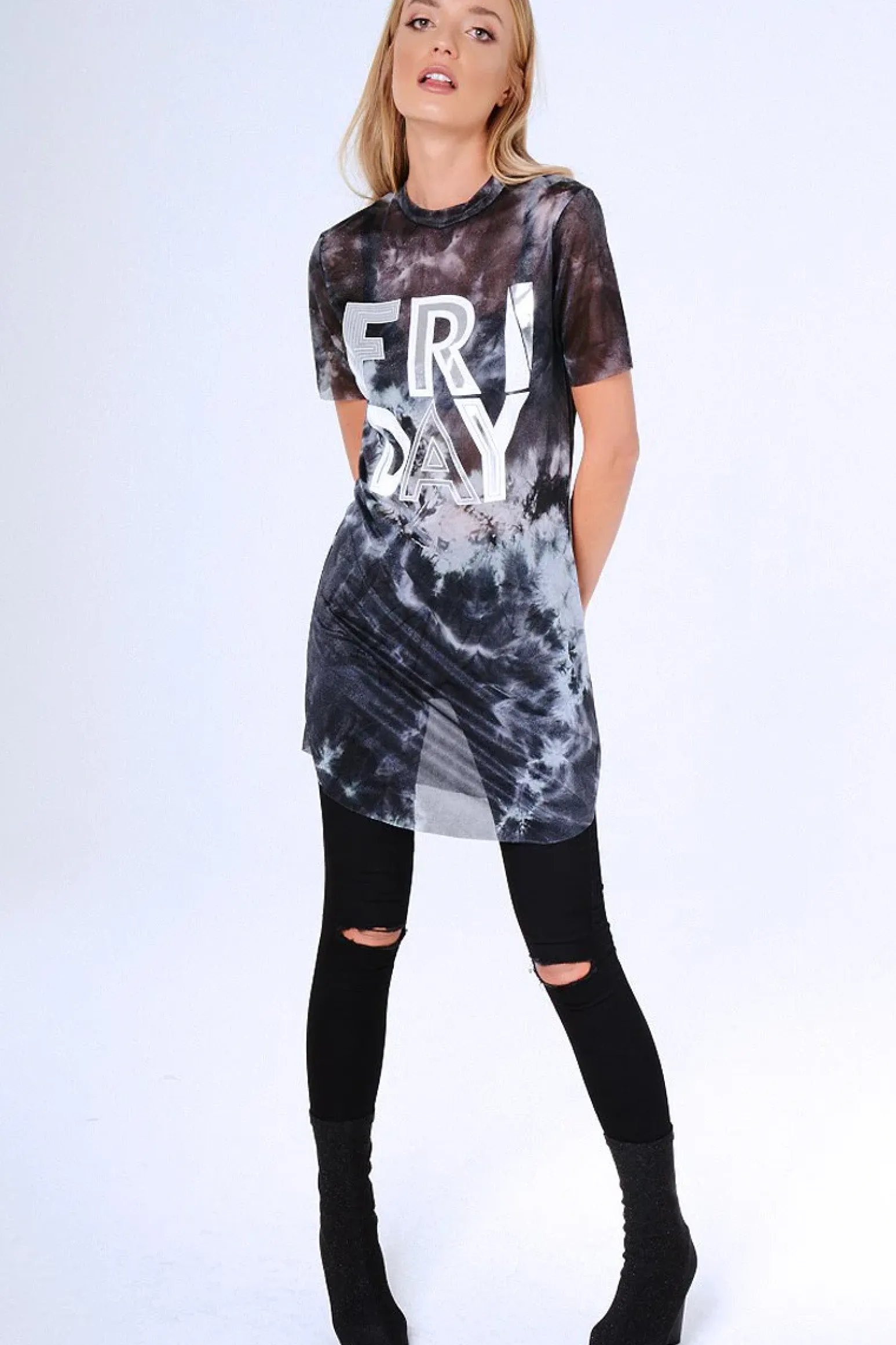 Rebellious Fashion Black Tie Dye Sheer Mesh 'Friday' Slogan T-Shirt Dress - Flynn