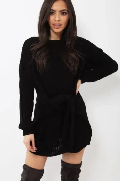 Rebellious Fashion Black Tie Front Knitted Jumper Dress - Harley