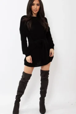 Rebellious Fashion Black Tie Front Knitted Jumper Dress - Harley