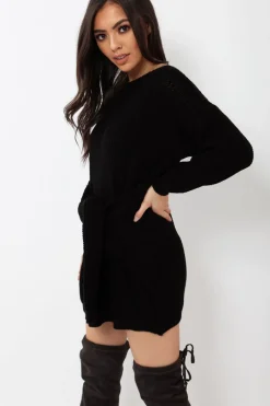 Rebellious Fashion Black Tie Front Knitted Jumper Dress - Harley