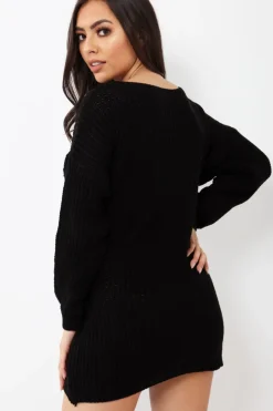 Rebellious Fashion Black Tie Front Knitted Jumper Dress - Harley