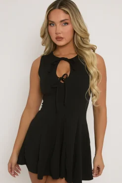 Rebellious Fashion Black Tie Front Pleated Mini Dress - Irma