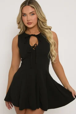 Rebellious Fashion Black Tie Front Pleated Mini Dress - Irma