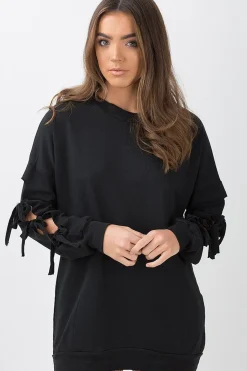 Rebellious Fashion Black Tie Sleeve Detail Jumper Dress - Gina