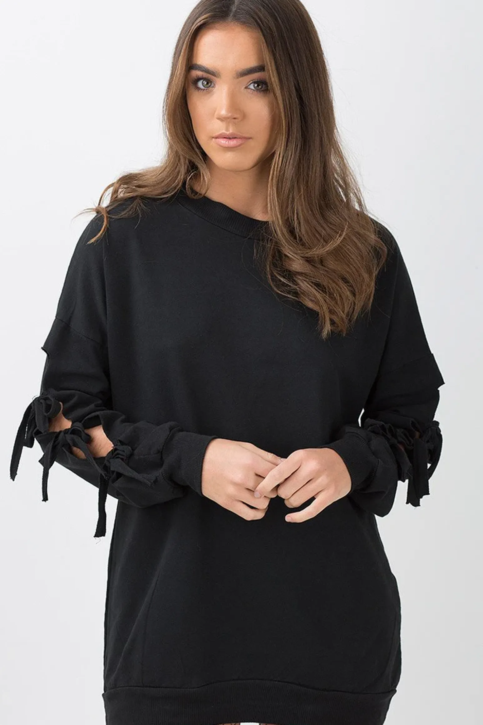 Rebellious Fashion Black Tie Sleeve Detail Jumper Dress - Gina