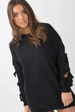 Rebellious Fashion Black Tie Sleeve Detail Jumper Dress - Gina