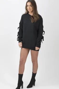 Rebellious Fashion Black Tie Sleeve Detail Jumper Dress - Gina
