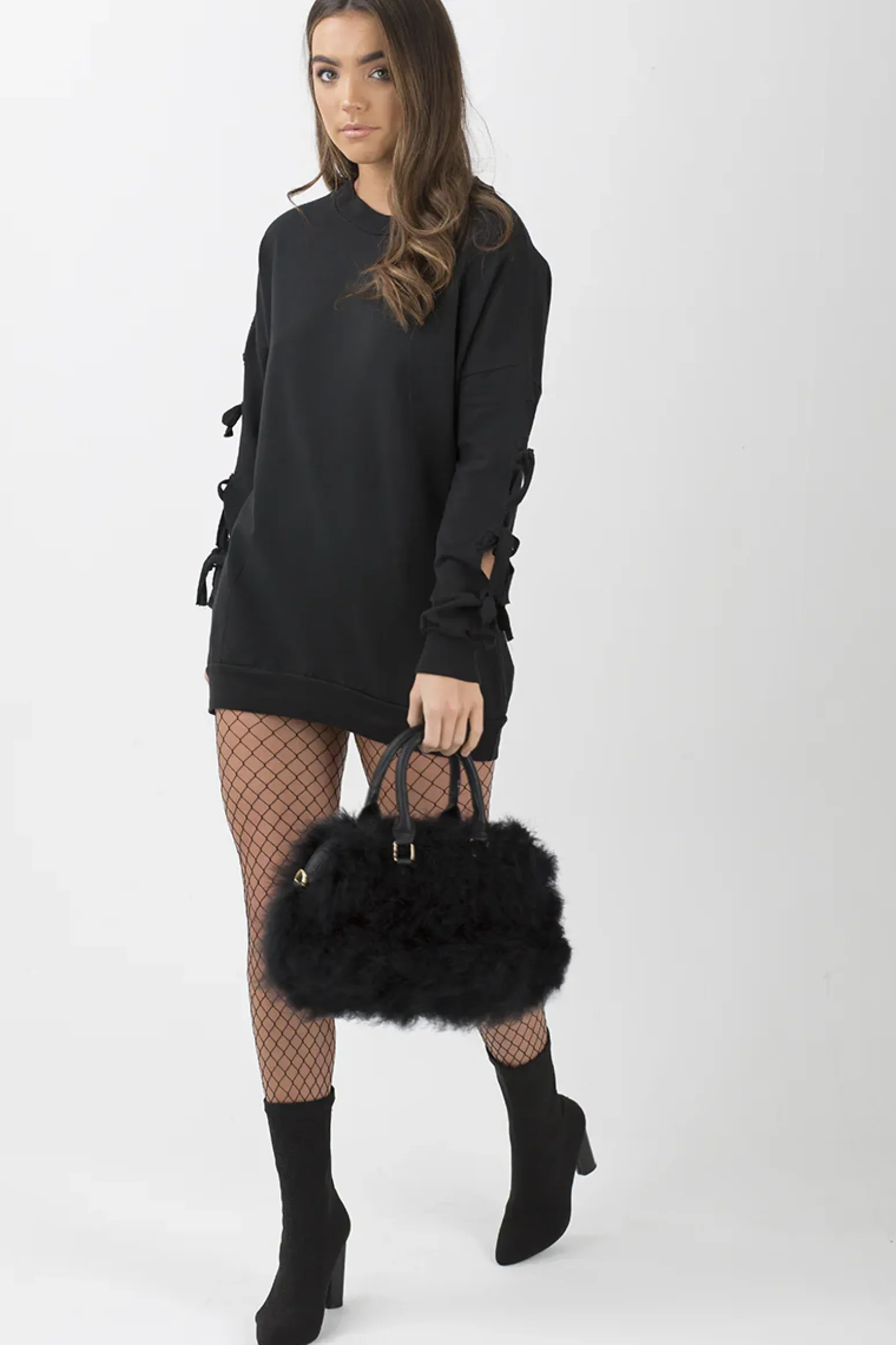 Rebellious Fashion Black Tie Sleeve Detail Jumper Dress - Gina