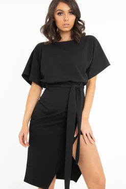 Rebellious Fashion Black Tie Waist Front Split Batwing Dress - Ranessa