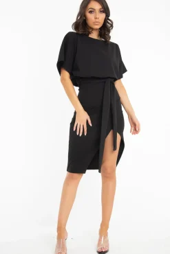 Rebellious Fashion Black Tie Waist Front Split Batwing Dress - Ranessa