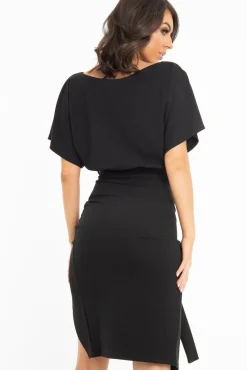 Rebellious Fashion Black Tie Waist Front Split Batwing Dress - Ranessa