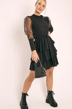 Rebellious Fashion Black Tiered Skirt Belted Dress - Cassia
