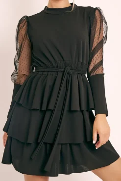 Rebellious Fashion Black Tiered Skirt Belted Dress - Cassia