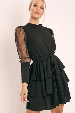 Rebellious Fashion Black Tiered Skirt Belted Dress - Cassia