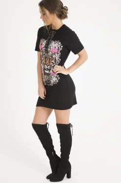 Rebellious Fashion Black Tiger Lace Up T-Shirt Dress - Autumn