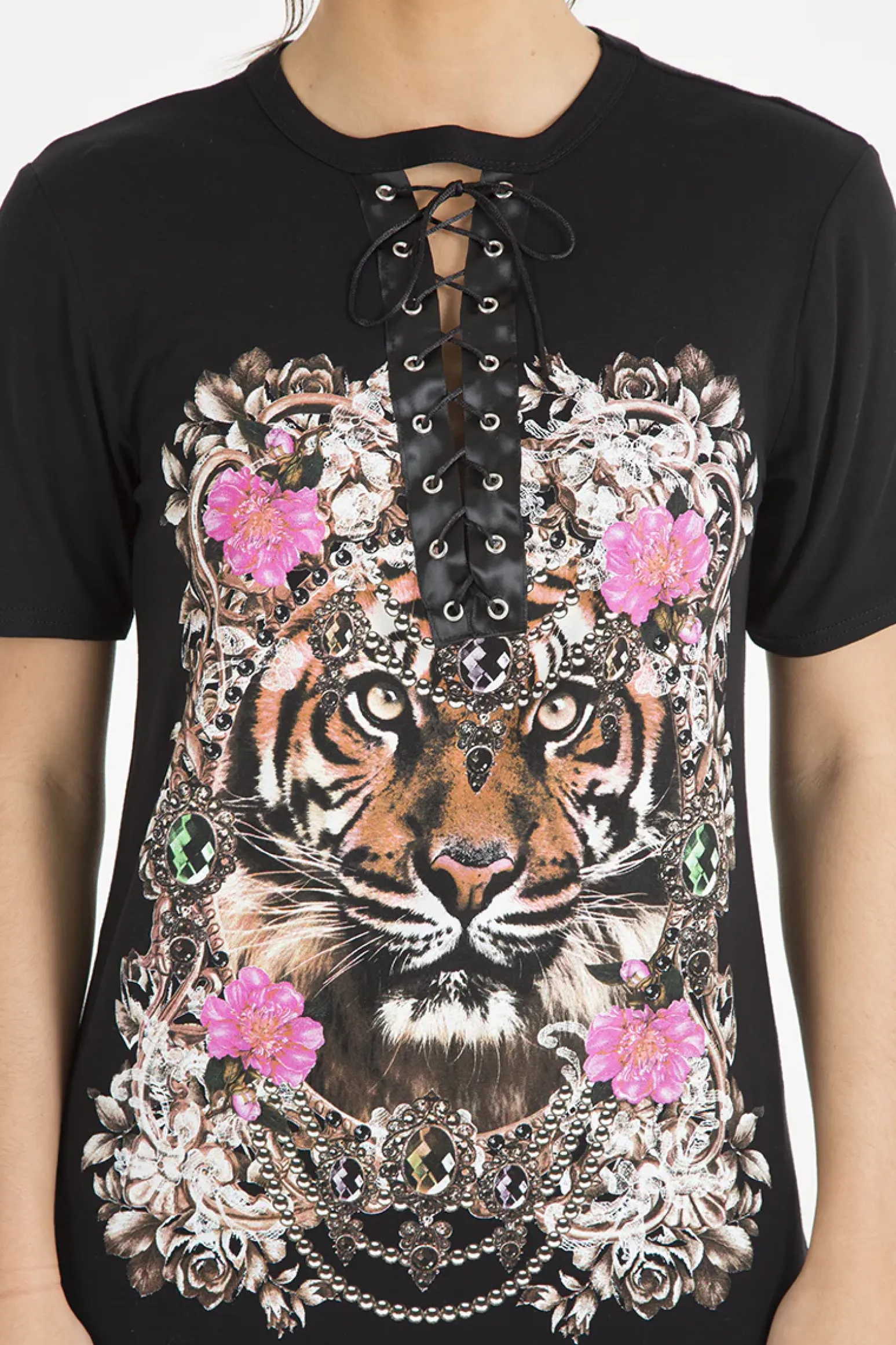 Rebellious Fashion Black Tiger Lace Up T-Shirt Dress - Autumn