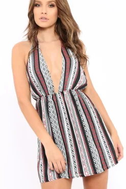 Rebellious Fashion Black Tribal Print Halter Neck Mini Dress - Avianna