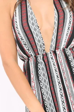 Rebellious Fashion Black Tribal Print Halter Neck Mini Dress - Avianna