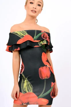 Rebellious Fashion Black Tulip Bardot Bodycon Dress - Kelis