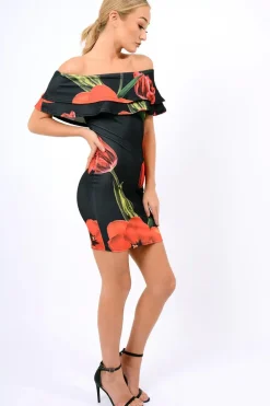 Rebellious Fashion Black Tulip Bardot Bodycon Dress - Kelis