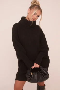 Rebellious Fashion Black Turtle Neck Knit Jumper Dress - Brooke