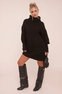 Rebellious Fashion Black Turtle Neck Knit Jumper Dress - Brooke