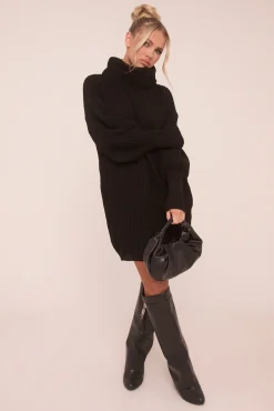 Rebellious Fashion Black Turtle Neck Knit Jumper Dress - Brooke