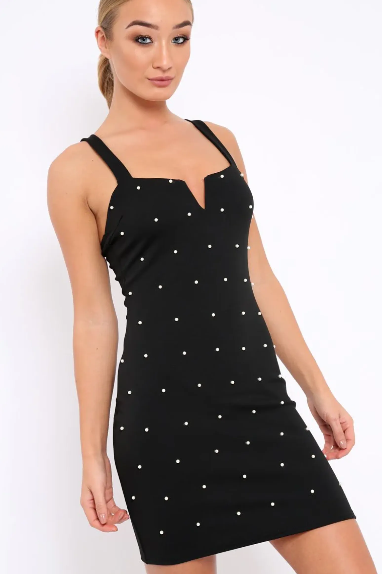 Rebellious Fashion Black V Cut Pearl Bodycon Mini Dress - Sherrie