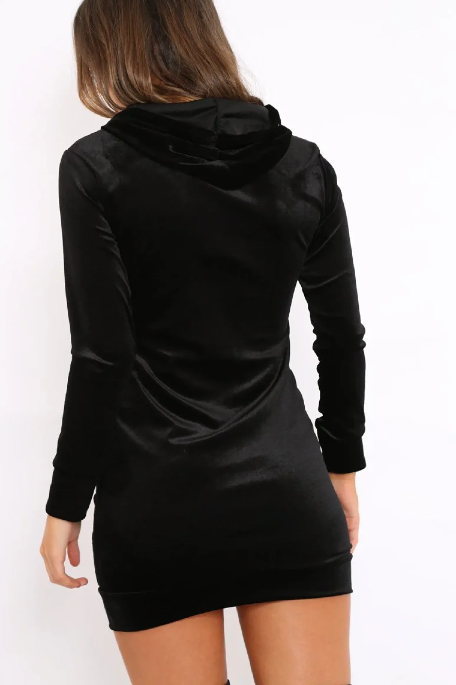 Rebellious Fashion Black Velvet Hooded Dress - Bethan