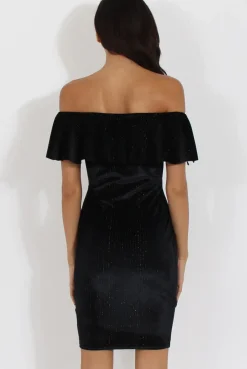 Rebellious Fashion Black Velvet Lurex Stripe Bardot Frill Layer Dress - Carmel