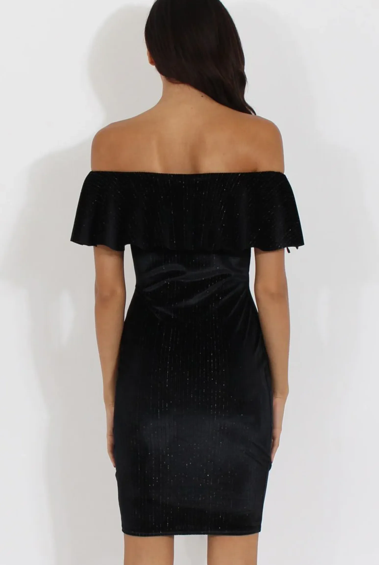Rebellious Fashion Black Velvet Lurex Stripe Bardot Frill Layer Dress - Carmel