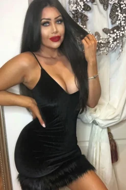 Rebellious Fashion Black Velvet Plunge Feather Hem Dress - Avereigh