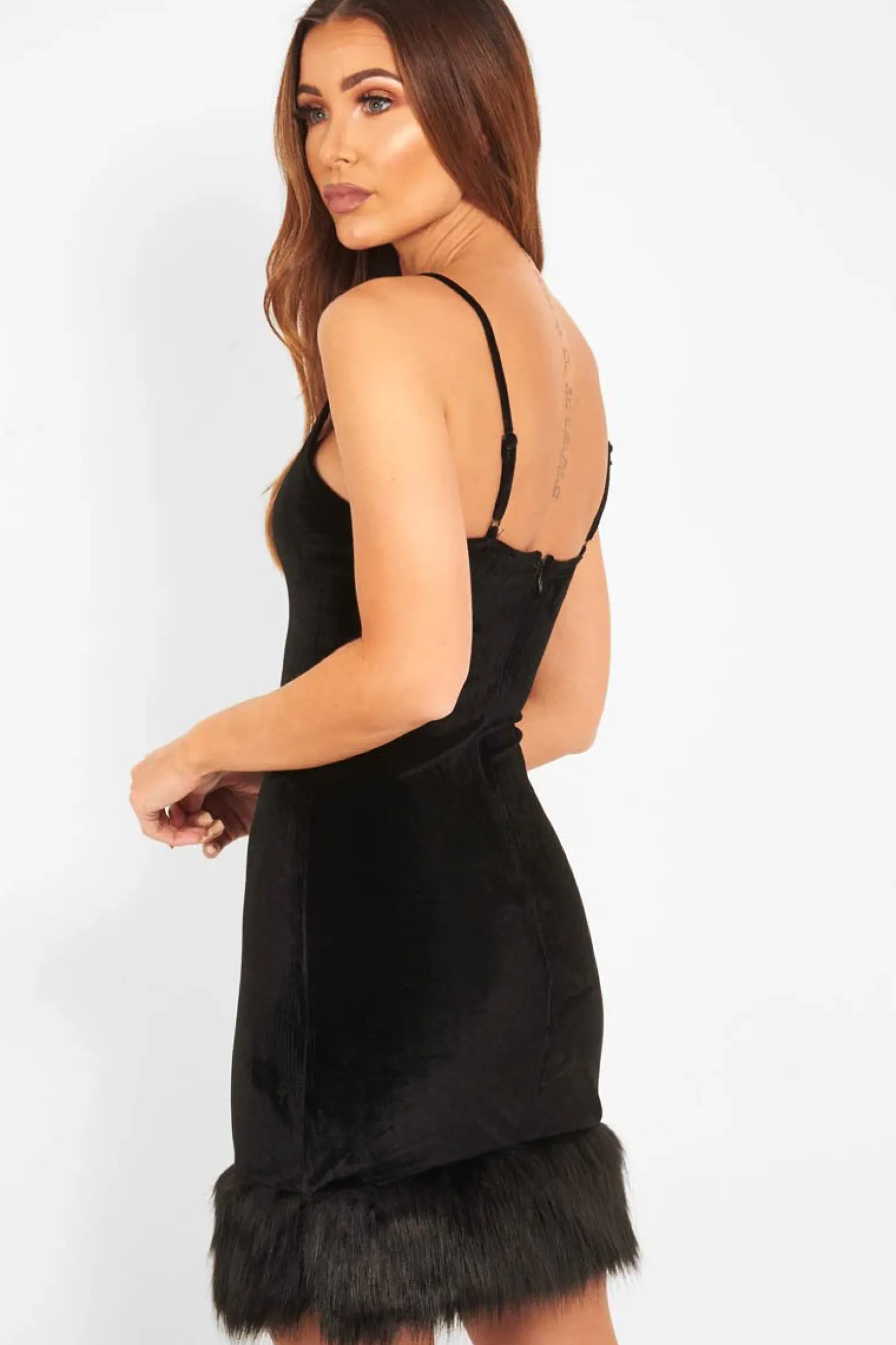 Rebellious Fashion Black Velvet Plunge Feather Hem Dress - Avereigh