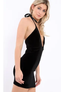 Rebellious Fashion Black Velvet Plunge Halterneck Mini Dress - Alessandra
