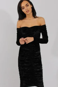 Rebellious Fashion Black Velvet Ruched Bardot Bodycon Dress - Louise