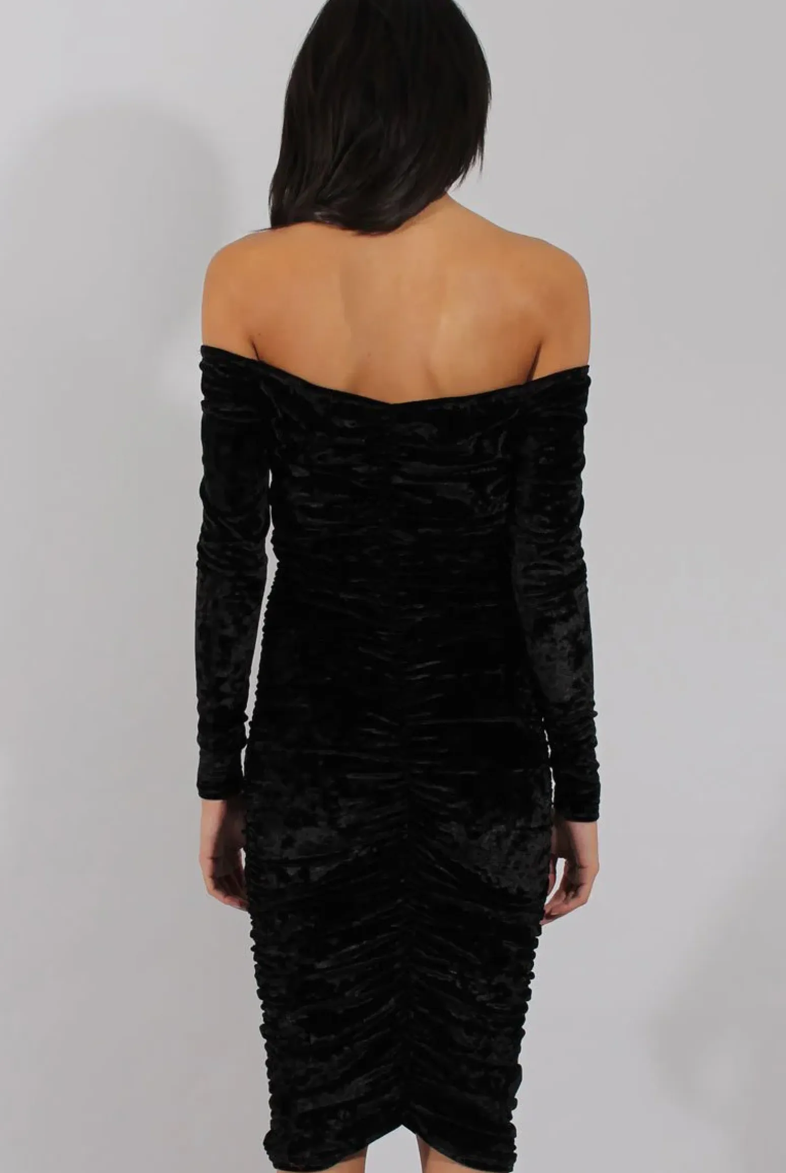 Rebellious Fashion Black Velvet Ruched Bardot Bodycon Dress - Louise