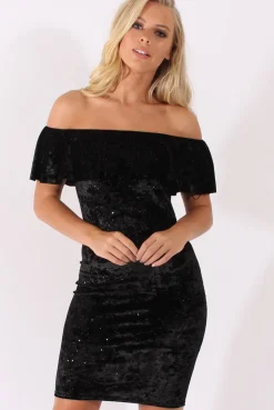 Rebellious Fashion Black Velvet Sparkle Bardot Frill Dress - Bree
