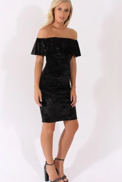 Rebellious Fashion Black Velvet Sparkle Bardot Frill Dress - Bree