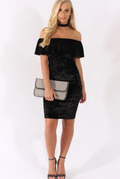 Rebellious Fashion Black Velvet Sparkle Bardot Frill Dress - Bree