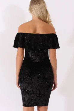 Rebellious Fashion Black Velvet Sparkle Bardot Frill Dress - Bree