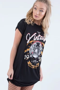 Rebellious Fashion Black Vintage Eagle T-Shirt Dress - Eloise