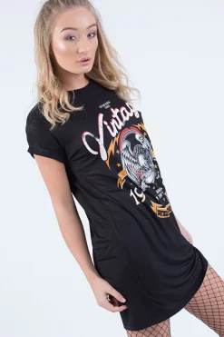 Rebellious Fashion Black Vintage Eagle T-Shirt Dress - Eloise