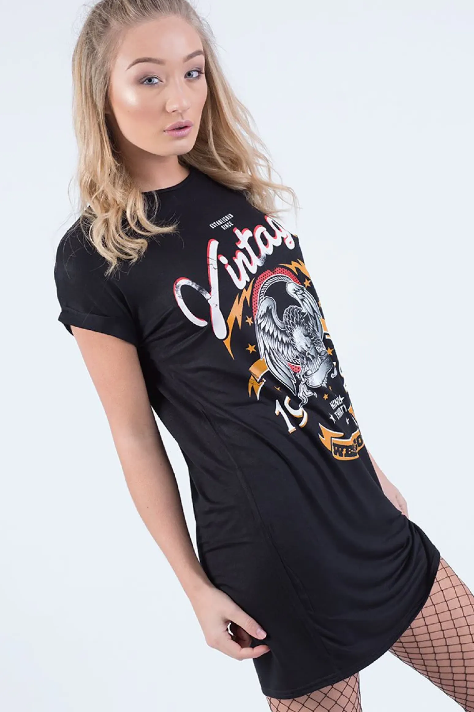 Rebellious Fashion Black Vintage Eagle T-Shirt Dress - Eloise