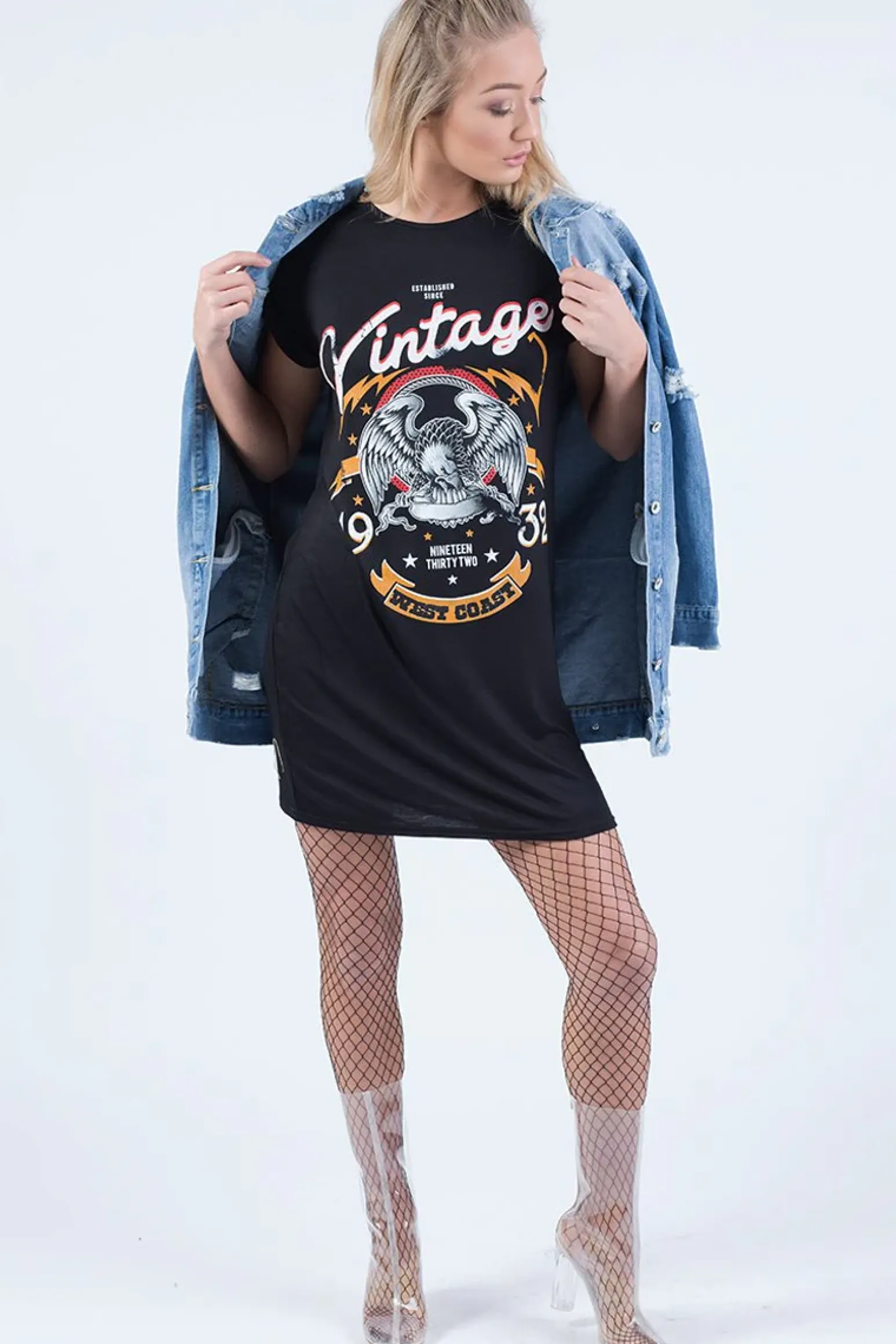 Rebellious Fashion Black Vintage Eagle T-Shirt Dress - Eloise