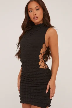 Rebellious Fashion Black Waffle Lace Up Detail Mini Dress - Shreeja