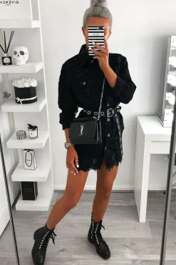 Rebellious Fashion Black Washed Distressed Denim Shirt Dress - Chloey